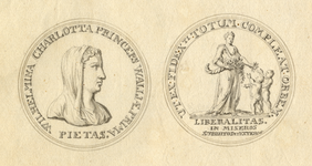 135532 Links: afbeelding van een penning met het portret van de prinses van Wales, Wilhelmina Carolina, echtgenote van ...